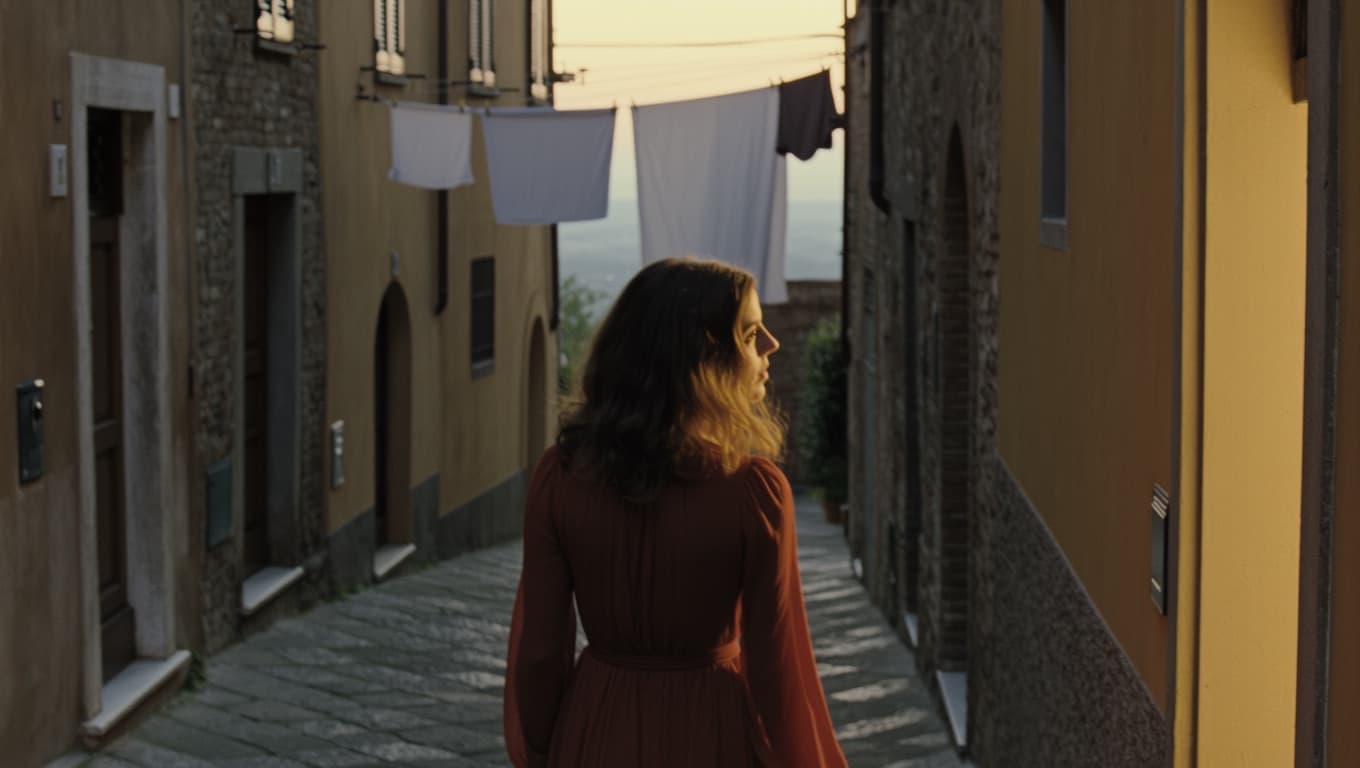 Mezza figura di spalle: donna in abito rosso nel vicolo, panni stesi sfocati sullo sfondo